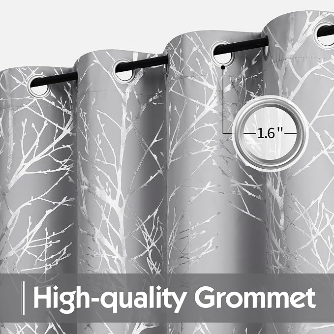 FMFUNCTEX 100% Blackout Grey Silver Foil Tree Curtains 63 Inch 2 Panels | - Image 3