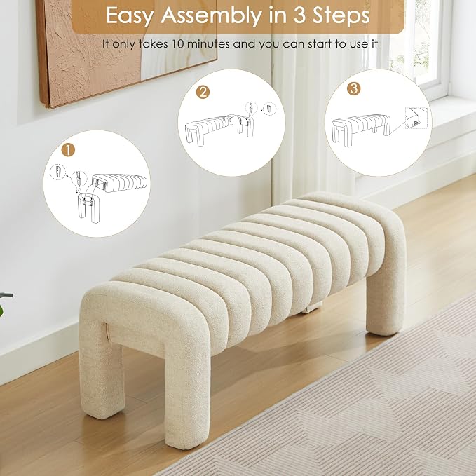 43" End of Bed Bench, Linen Beige | Channel Tufted Upholstered, Entryway Bench - Image 8