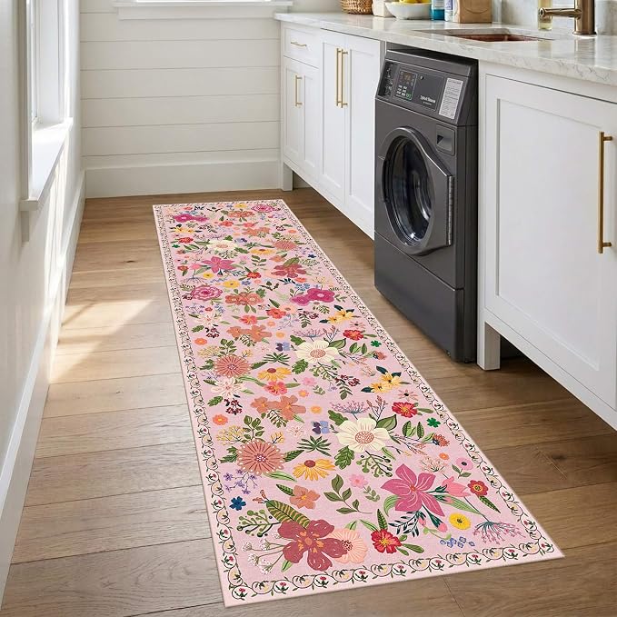Latte&Fog Pink Washable Hallway Runner Rug 2.6x8 Non Slip Kitchen Rug | Low - Image 5