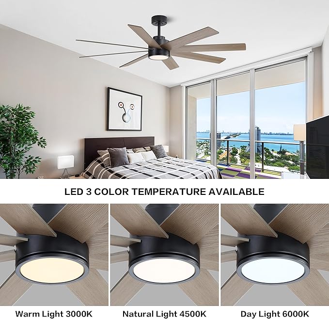 WINGBO 60" Large DC Ceiling Fans with Lights and Remote, 3 Downrods, 8 Plywood Blades, 6-Speeds Reversible DC Motor, 3CCT, Indoor Ceiling Fan for Bedroom Living Room Patio, Black and Gray