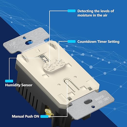 LIDER No Neutral Wire Required Humidity Sensor Switch, Automatic Humidity Control, Air Circulator, Adjustable Timing, 1-Pole, UL Listed, Light Almond, Wall Plate Included 2 Pack