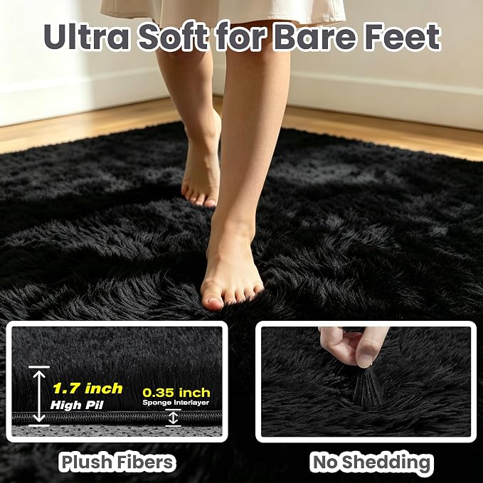 8x10 Fluffy Area Rug for Living Room: Soft Non-Slip Black Bedroom Carpet | - Image 3