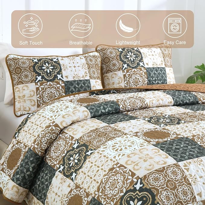 Dobuyly Patchwork Quilt Set King Size, Boho Farmhouse Bedspread Brown | Dobuyly - Image 4