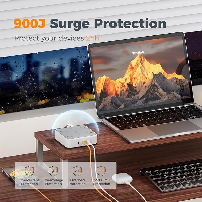 TESSAN Surge Protector Flat Extension Cord 5Ft, Flat Plug Power Strip | 4 - Image 3