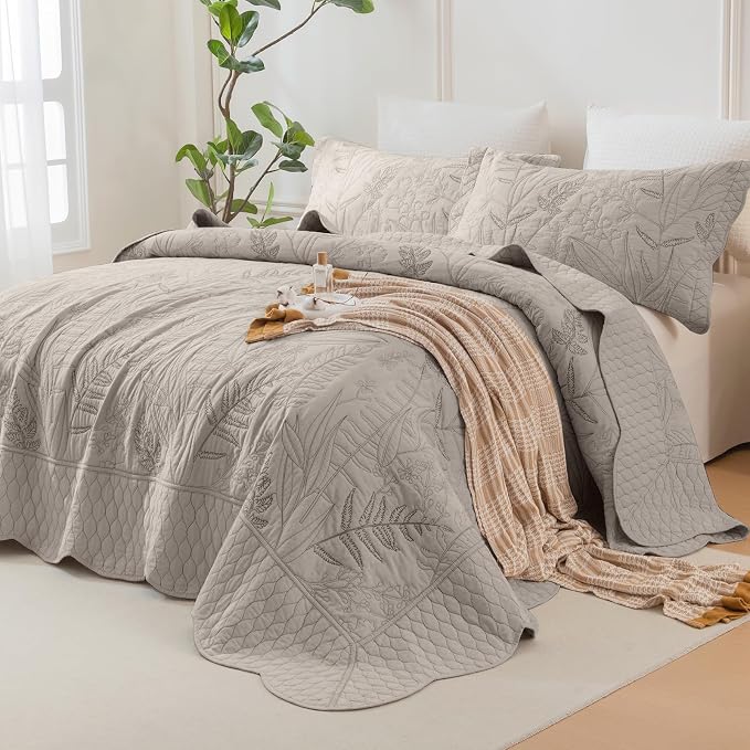 Lady Ann Oversized King Bedspread 120x120, Leaves Pattern Stitching Printed by LadyAnn