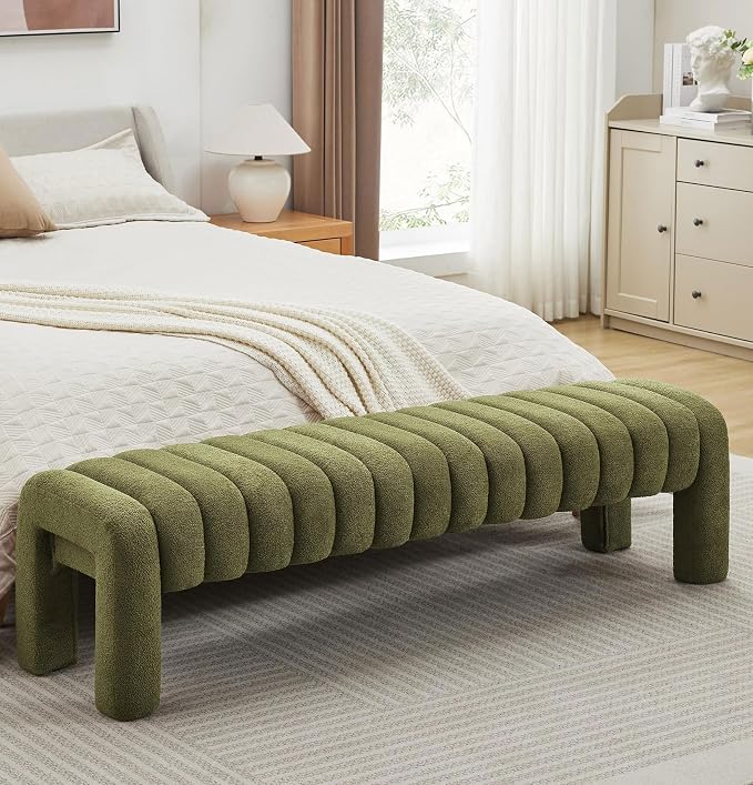 63" Boucle Bed Bench, Cute Upholstered Channel Tufted Bench - Image 3