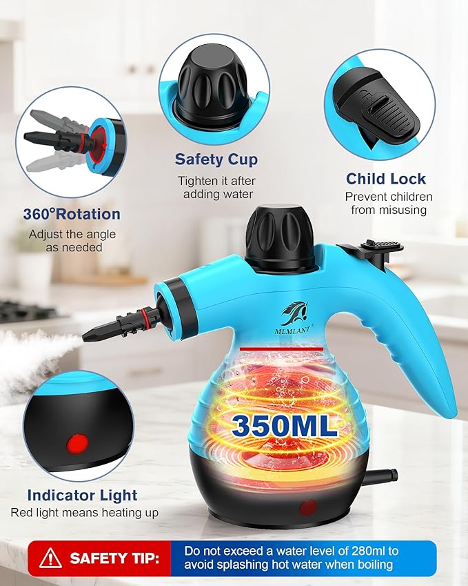 MLMLANT Handheld Steam Cleaner, multi-functional portable steam cleaner with a safety lock and a 9-piece accessory set, suitable for steam cleaning carpets, sofas, mattresses, car seats, kitchens
