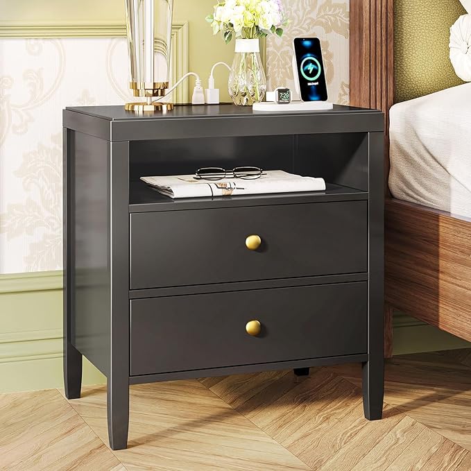 Huuger Nightstand with Charging Station, Bedside Table with Storage, Modern by Huuger