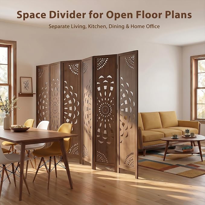6 Panel Room dividers, 66.9" Boho Double-Sided Carved Screen, Freestanding - Image 3