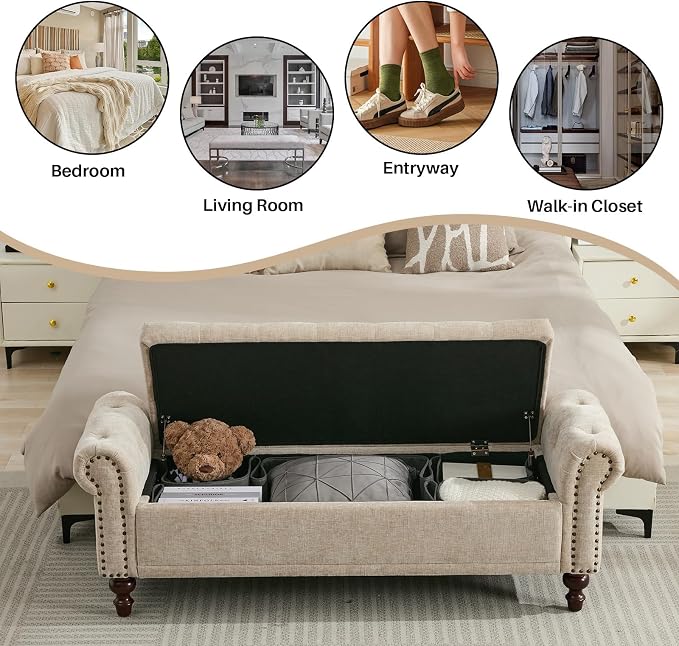 SOFTHION 58.1" Storage Bench for Bedroom, Chenille Cushion, Light Brown | End - Image 6