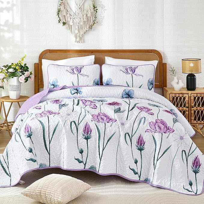 WONGS BEDDING Purple Queen Quilt Set, 3 Pieces Light Purple Floral Bedspread - Image 7