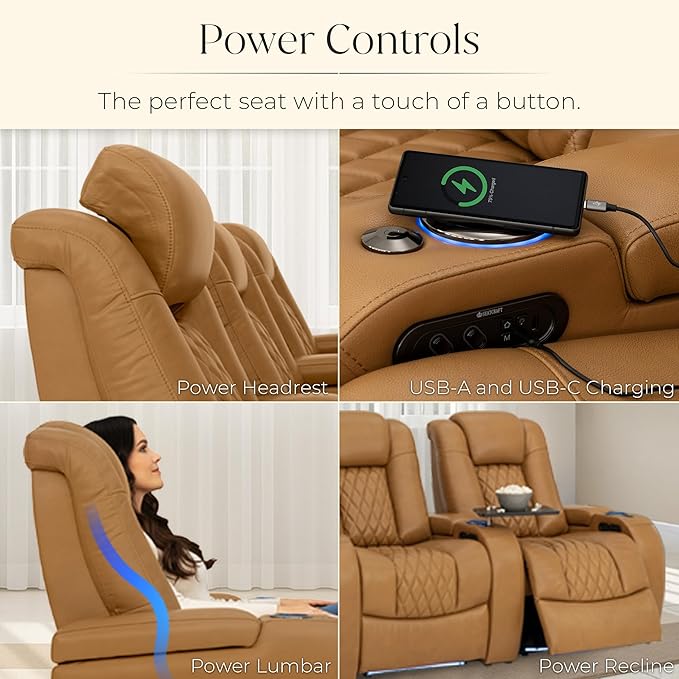 Seatcraft Diamante Zero-Gravity CoolZero Italian Leather Home Theater Seating, Power Headrest, Power Recline, Row of 5 Right Loveseat, Tan Oak