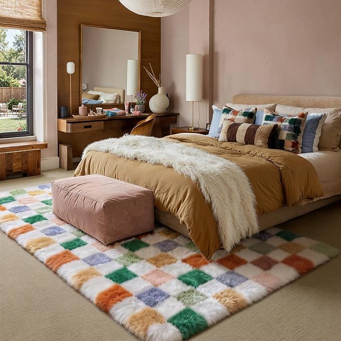 Colorful Area Rug 9x12 for Living Room Soft Checkered Shag Carpet | Machine - Image 5