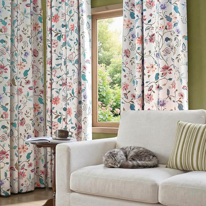 jinchan Beige Floral Blackout Curtains 84 Inch Back Tab 2 Panels Set | Room - Image 9