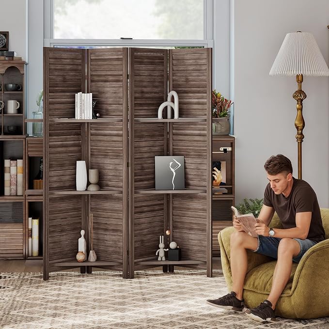 HOMCOM Room Divider with Shelves, 4 Panel, Walnut | Wood Privacy Screen - Image 8