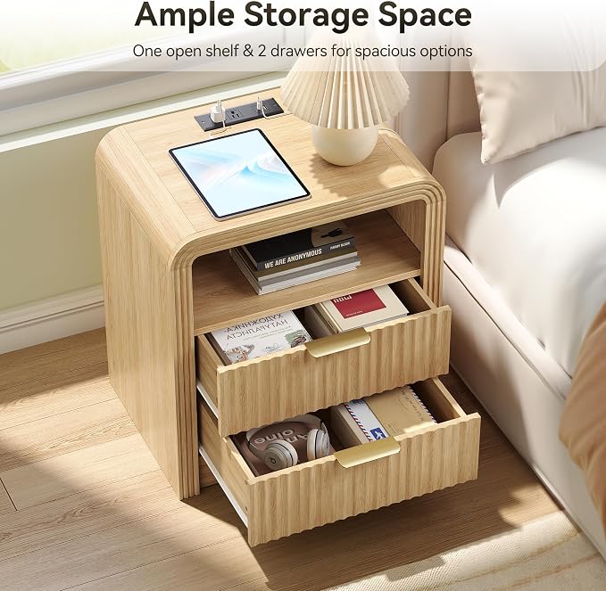 Decofy Fluted Nightstand with Charging Station, 19.7'' Wide Morden End Table - Image 4