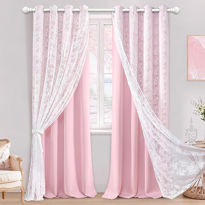 Yinhua Pink Curtains for Girls Room Double Layer Blackout Curtains for Bedroom by yinhua