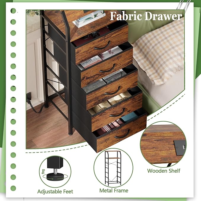 5 Drawers Dresser with Charging Station, Tall Nightstand, Fabric Chest of - Image 7