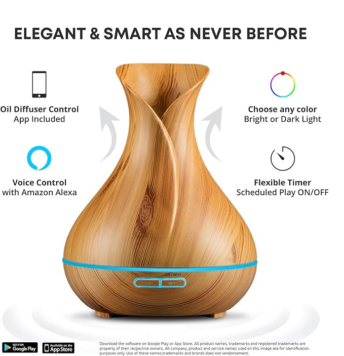 Sierra Modern Home Smart WiFi Wireless Essential Oil Aromatherapy Diffuser - Works with Alexa & Google Home – Phone App & Voice Control - 400ml Ultrasonic Diffuser & Humidifier - LED & Timer Settings