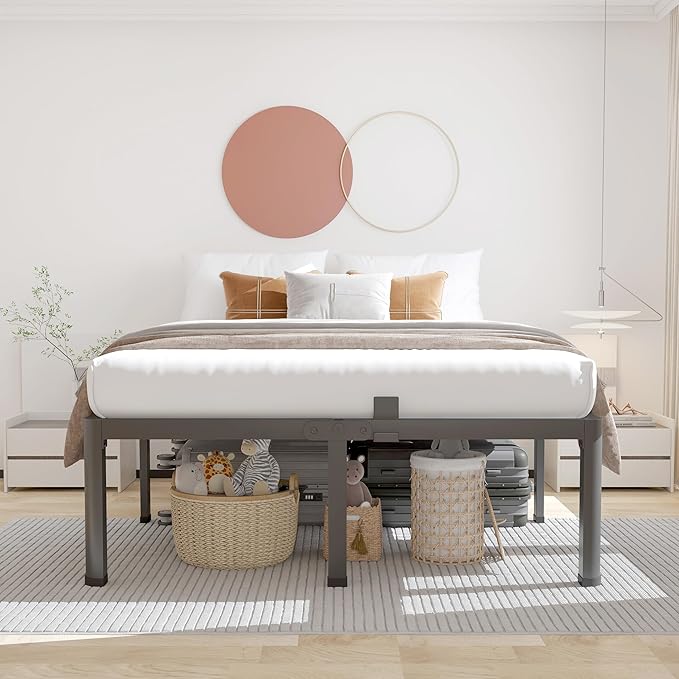 ROIL 20 Inch Queen Bed Frame with Rounded Corner and Headboard Hole Mattress Retainers 3500LBS Metal Heavy Duty Steel Slats No Box Spring Needed Platform Noise-Free Easy Assembly