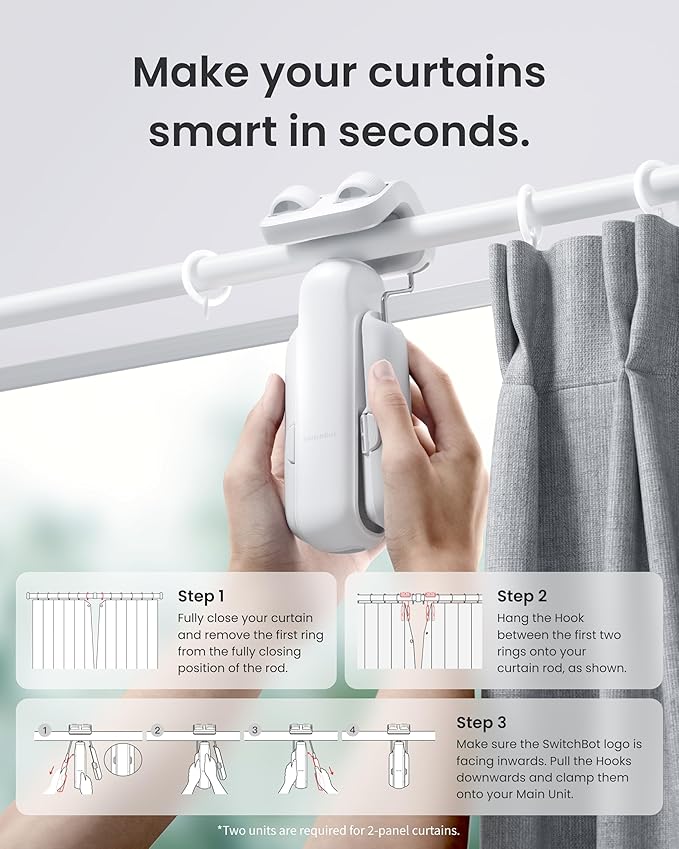 SwitchBot 2025 Automatic Curtain Opener 3 Rod, Bluetooth Remote Control Smart Curtain, WiFi & App Control, Add Hub to Compatible with Alexa, Google Home, HomeKit