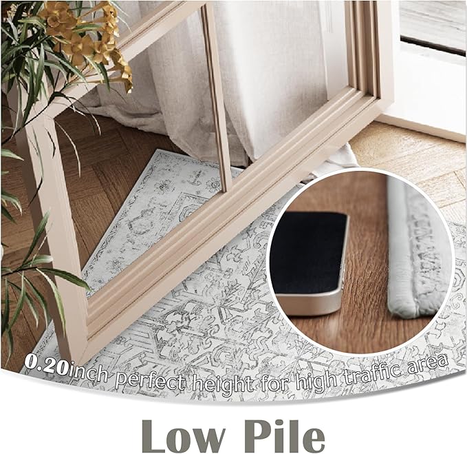 jinchan Lima Washable Area Rug 3x5 Entryway Rug - Distressed Vintage Floral Ultra-Thin Low-Pile Soft Non-Shedding Indoor Floor Carpet for Kitchen Bedroom Entrance Laundry Living Room (3x5ft, Grey)