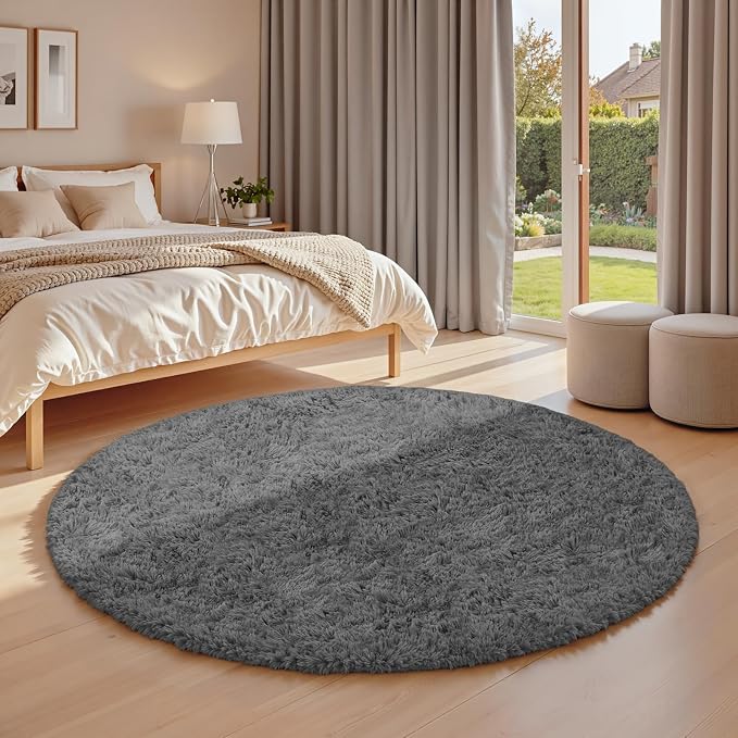 Dark Gray Round Fluffy Rug 5ft Plush Fuzzy Shaggy Carpet | Soft Rugs - Image 2