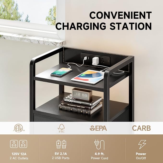 Lazzanto Nightstand with Rear Charging Station, LED Light, 3 Drawers, 2 USB-A - Image 5