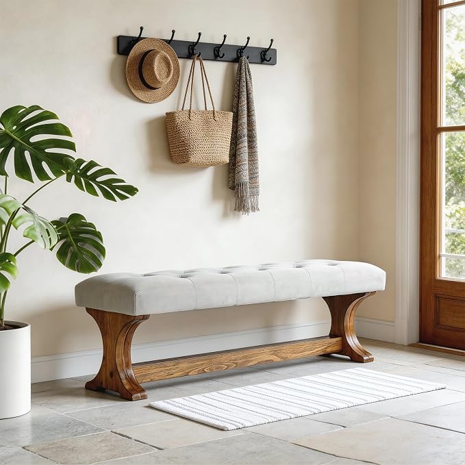 LITTLE TREE 55" Upholstered End of Bed Bench, Solid Wood Tufted Entryway Bench - Image 4