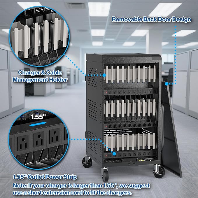 4 Pack | Fully Assembled 30 Bay Multi Device Charging Station for Chromebook,iPad,14'' Laptop,Pre Built Computer Charging Cart with Charger Cable Management,Circuit Breaker,Grounding Protection(Black)