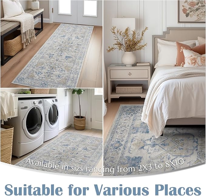 jinchan Runner Rug 2x6 Machine Washable Hallway - Vintage Floral Non-Slip Low-Pile Soft Ultra-Thin Kitchen Rug Distressed Carpet Runner for Farmhouse Bedroom Entryway Laundry Room(2x6ft, Blue)