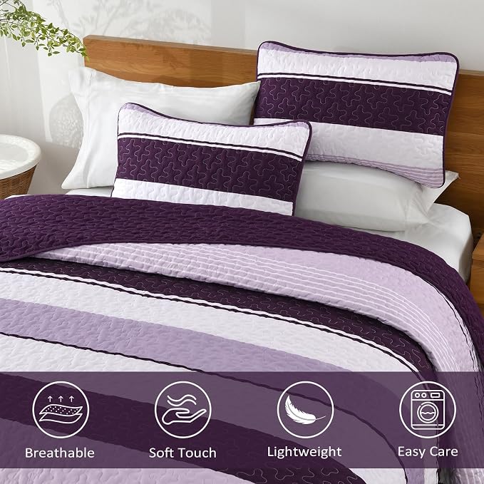 Dinjoy Queen Boho Striped Quilt Set, Breathable All-Season, 3-Piece Set Fits - Image 4