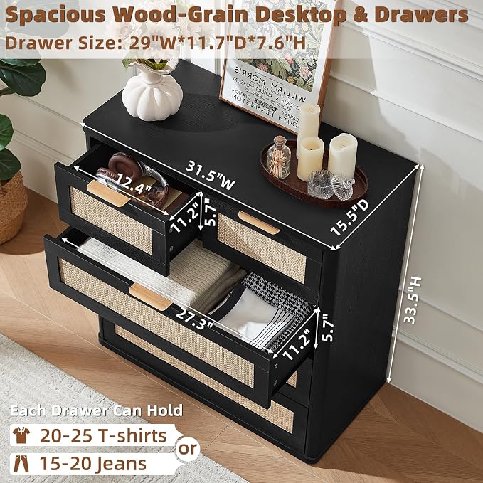 LEYAOYAO Rattan Dresser for Bedroom, 33.5" Tall Chest of Drawers, Modern 5 - Image 2