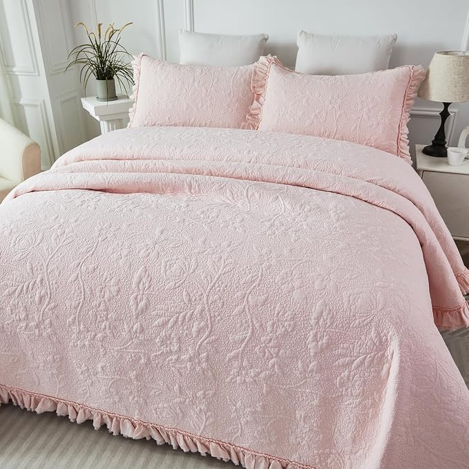 Brandream Light Pink Quilt Set King Size Cotton Shabby Chic Bedding Matelasse - Image 4