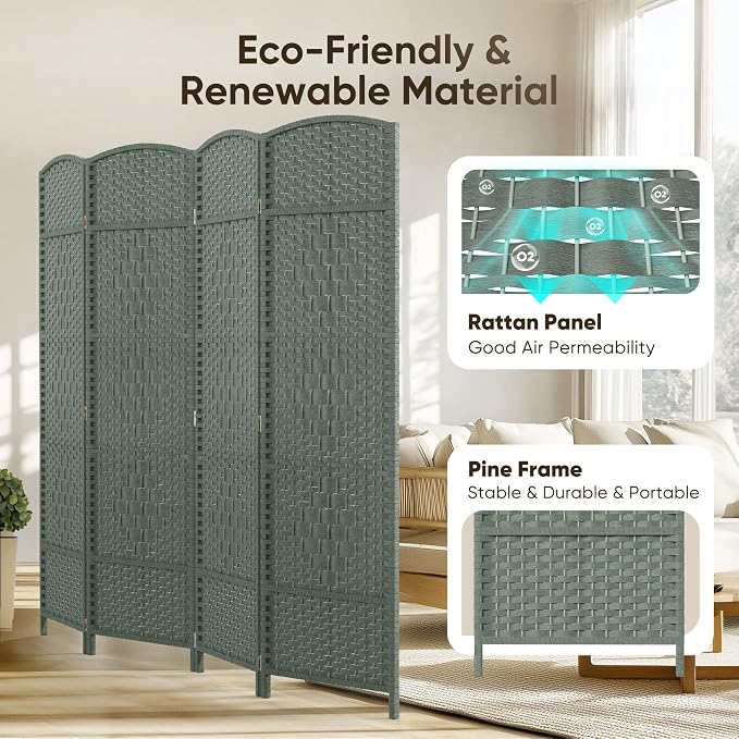 Rattan Room Divider, 4-Panel Folding Privacy Screen 6ft. Extra Wide | Room - Image 6