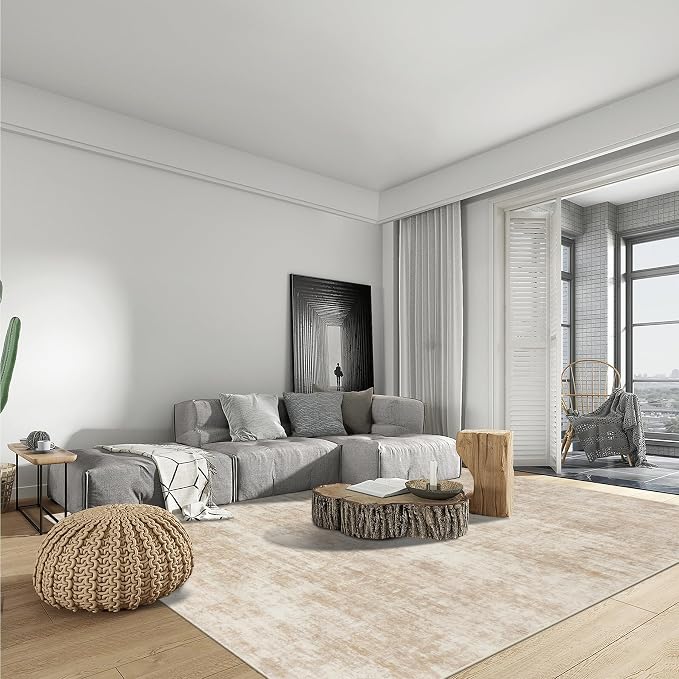 6x9 Area Rugs for Living Room: Washable Abstract Beige Badroom Carpet | - Image 3