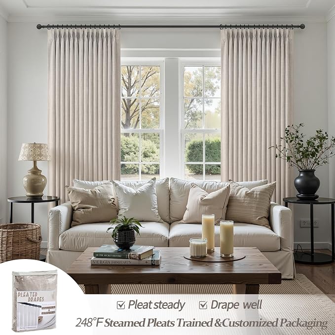 Extra Wide Greyish Beige Pleated Linen Blackout Curtains 90 Inches Long | - Image 3