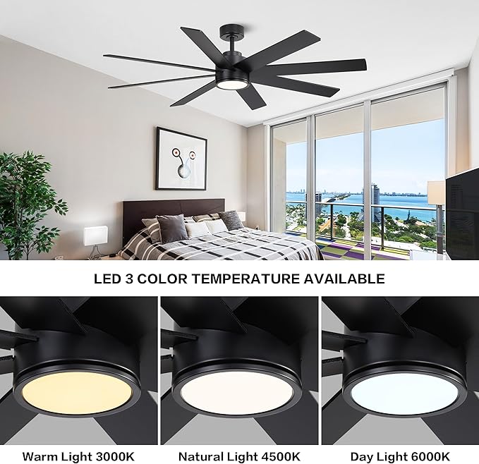 WINGBO 72" Large DC Ceiling Fans with Lights and Remote, 3 Downrods, 8 Plywood Blades, 6-Speeds Reversible DC Motor, 3CCT, Indoor Ceiling Fan for Bedroom Living Room Patio, Black
