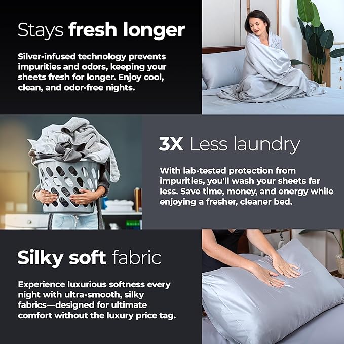 Silvery Silver Infused Bed Sheets Set - Award-Winning Self-Cooling Fabric with Self-Cleaning Silvery Technology™ That Stays Fresh 3X Longer for Hygienic Sleep (Gray, Queen)