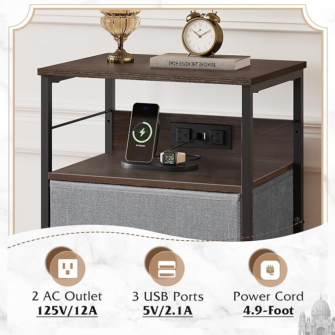 WLIVE Nightstand with Charging Station, 31.9" H Nightstand with 3 Fabric Drawers - Image 5