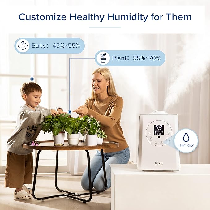 LEVOIT Humidifiers for Bedroom Large Room Home, 6L Warm and Cool Mist Ultrasonic Air Vaporizer for Plants and Whole House, Built-in Humidity Sensor, Essential Oil Diffuser, Whisper Quiet, Timer, White