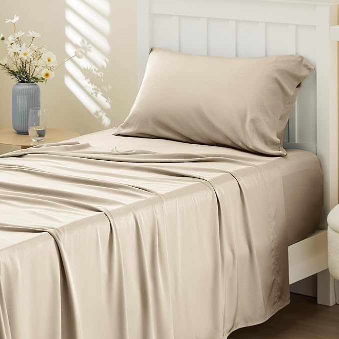 Bedsure Cooling Sheets Twin, Rayon Derived from Bamboo, Cooling Sheets, Breathable & Soft, Deep Pocket Up to 16 Inches, Hotel Luxury Silky Bedding for Hot Sleepers, Beige