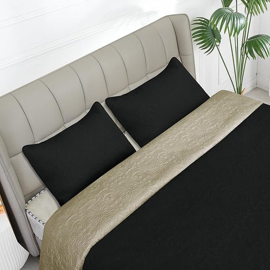 Easy-Going King Size Reversible Quilt Set with 1 Quilt and 2 Pillow Shams, Soft Bed Quilt Cover, Water Resistant Lightweight Microfiber Bedspread, Stain Resistant, Damask-Black/Beige