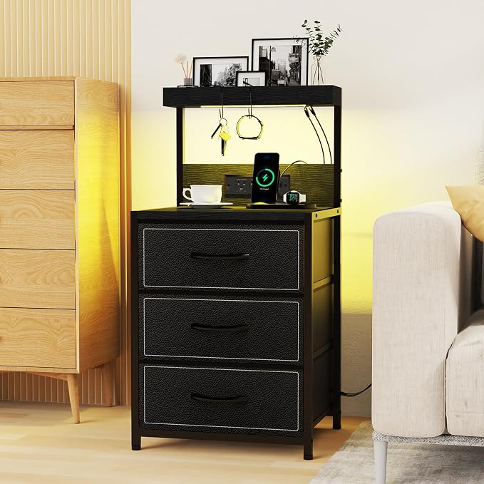 SZLHANJZ LED Nightstand with Charging Station, 3 Fabric Drawers Night Stand | - Image 8