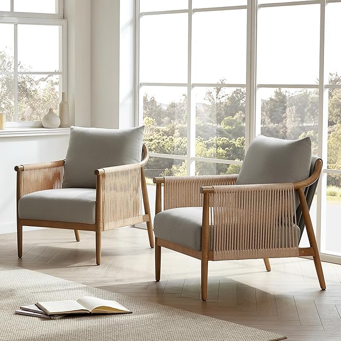 CHITA Braid Accent Chair, Modern Armchair with Solid Wooden Armrest for Living Room and Bedroom, Boho Reading Chair, Light Grey