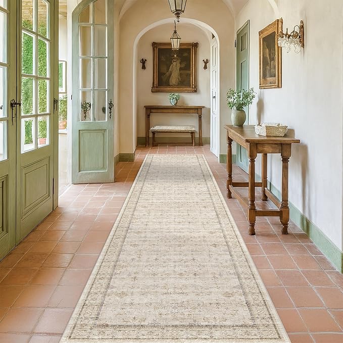 Beige Cream 2x10 Long Hallway Runner Rug, Non Slip Farmhouse Kitchen Rugs by HazoHaus