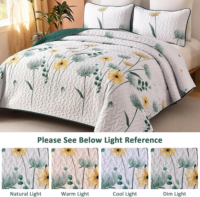 Dinjoy Green Quilt Set King Size, Boho Floral Bedspreads, Autumn Bedding | Fall - Image 3