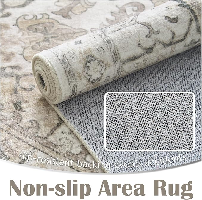 jinchan 5x7 Area Rugs Machine Washable Vintage Floral Throw Rug for Living Room Soft Ultra-Thin Low Pile Non-Slip Carpet for Kitchen, Bedroom, Dining Room, Nursery (5x7ft, Taupe)