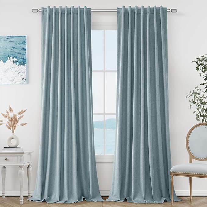 Blue 100% Blackout Linen Curtains 95 Inch Length 2 Panels Set by Guken