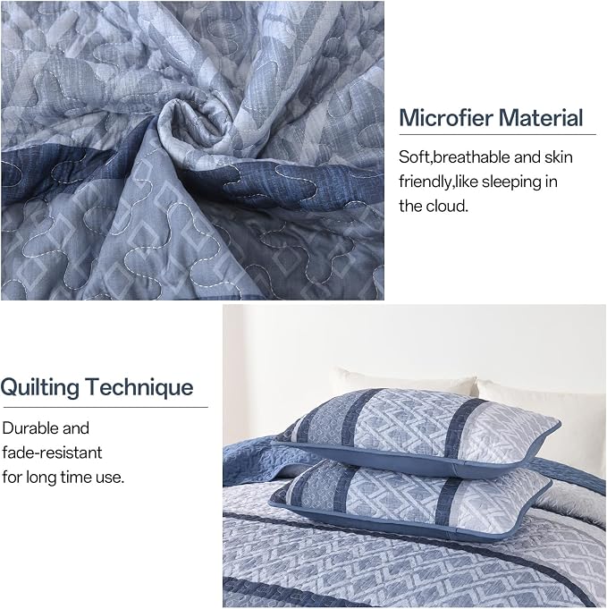 Dinjoy Boho Queen Quilt Set, Striped Bedspread Queen Size, Mineral Blue | 3 - Image 4